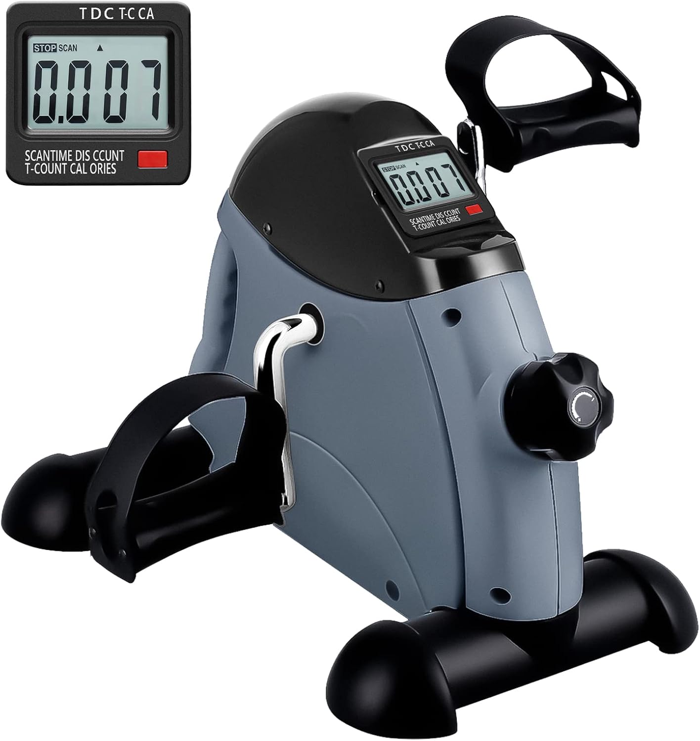 Blue-gray AGM Mini Exercise Bike with a black top, black stabilizer feet and black pedal straps