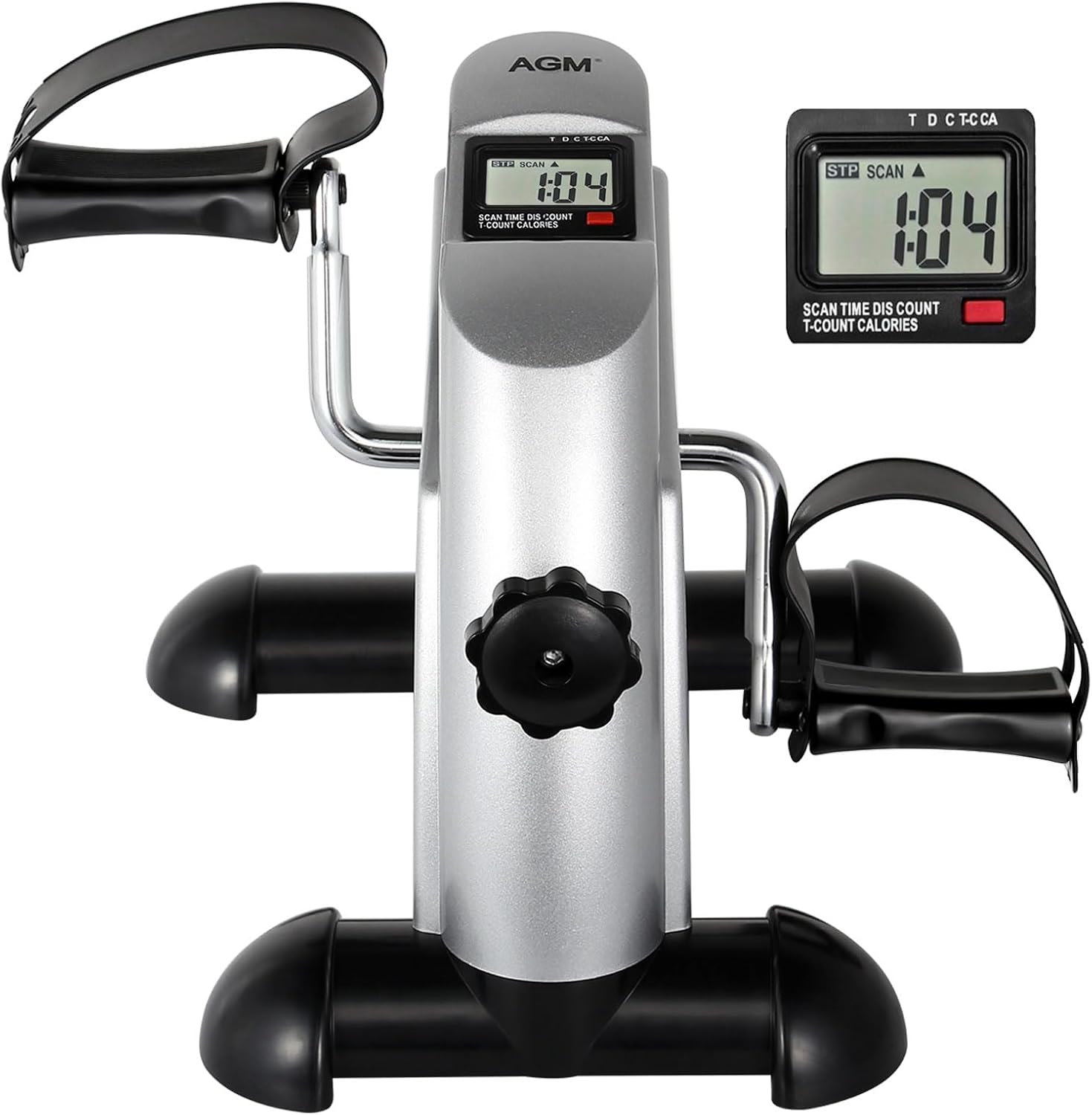 Silver AGM Mini Exercise Bike with black stabilizers, black strapped pedals and an LCD monitor on top