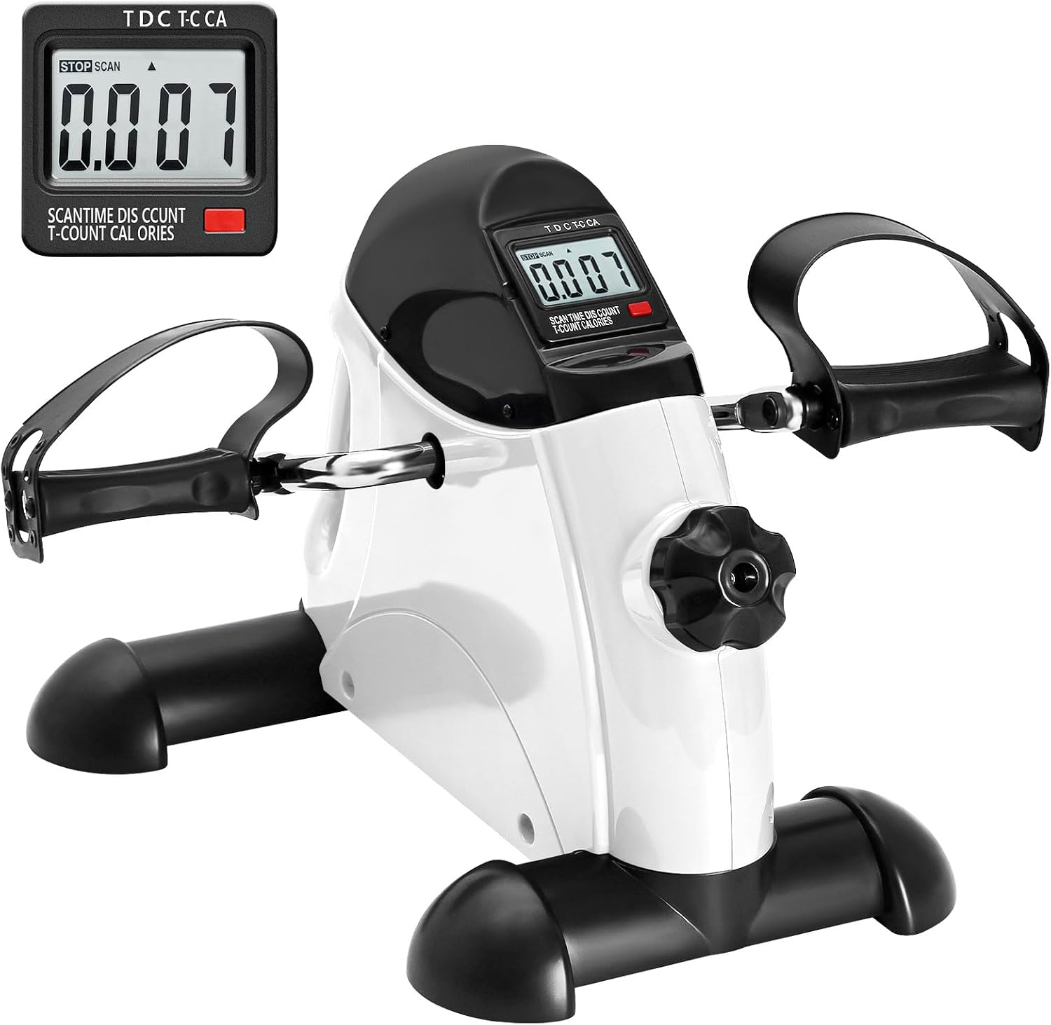 White AGM Mini Exercise Bike with a black top, black stabilizer feet and black pedal straps
